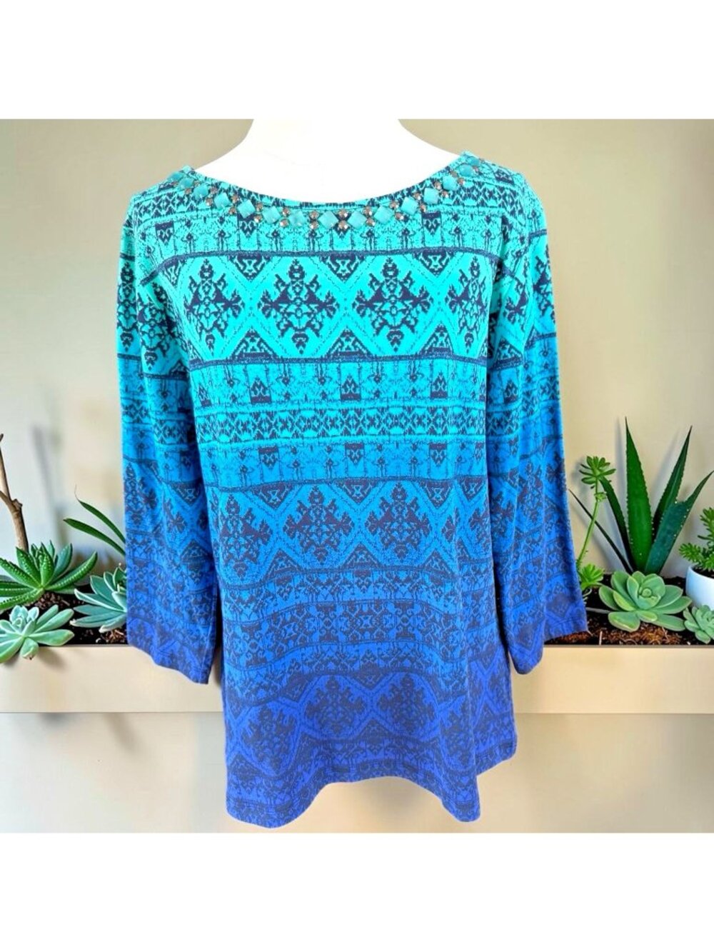 Ruby Rd. Geometric Turquoise & Blue Ombre 3/4 Sleeve Top-Sz. XL-Embellished Neck